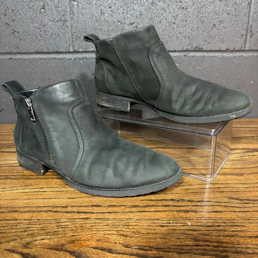 UGG Black Leather Ankle Boots Side Zip Casual Comfort Size 9